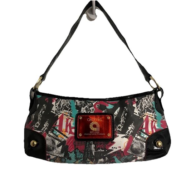 Vintage Y2K Akdmks Shoulder Bag Graphic Print Boomboxes & Birds Polyvinyl Patent - Picture 1 of 8